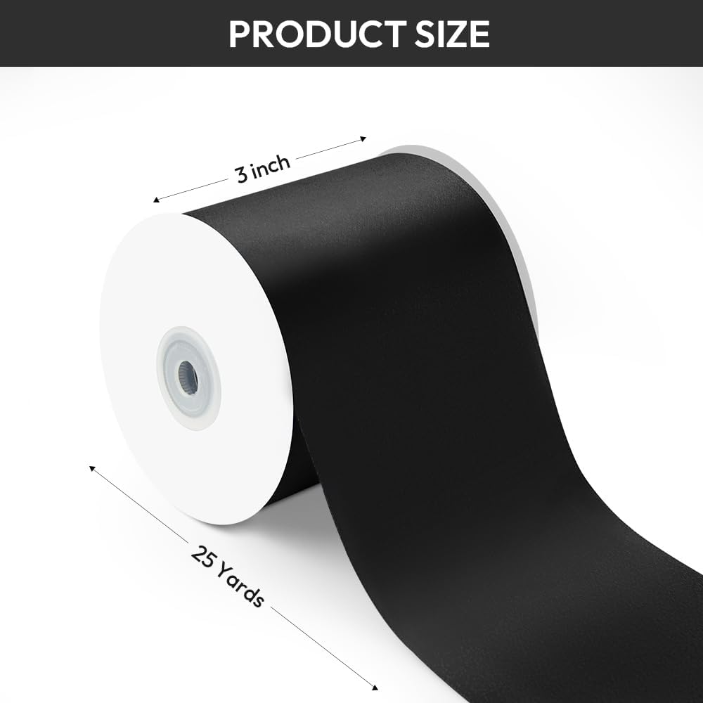 3" Width x 25 Yards Satin Fabric Ribbon, Black Ribbon Perfect for Wedding Car, Chair Sash, Grand Opening Ceremony, Big Bows, Embroidery, Floral Crafts, Halloween Party Decoration