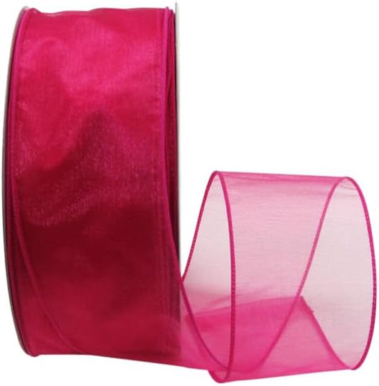 Ribbon Bazaar Sheer Organza Wired Ribbon - 100% Polyester Wire Edged Ribbon for Floral Decor, Table Arrangements, Apparel Embellishment & More - 2-1/2" Fuchsia 50yd