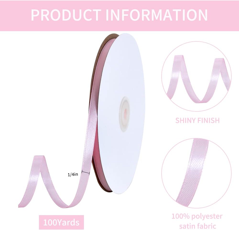TONIFUL 1/4 Inch x 100yds Baby Pink Satin Ribbon, Thin Solid Color Satin Ribbon for Gift Wrapping, Crafts, Hair Bows Making, Wedding Party Decoration, Invitation Cards, Floral Bouquets