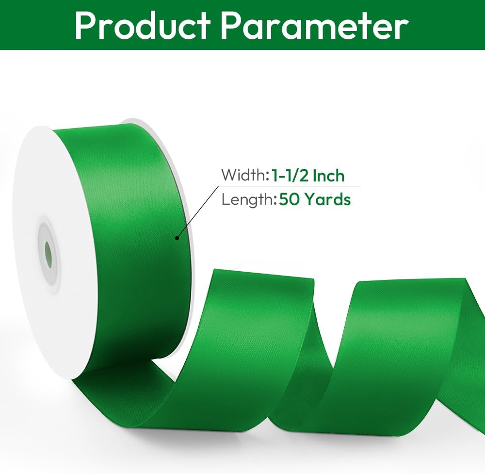 1-1/2" Width x 50 Yards Satin Fabric Ribbon, Green Ribbon Perfect for DIY Bows, Swags, Gift Wrapping, Craft, Flower Bouquet，Christmas and Party Decoration