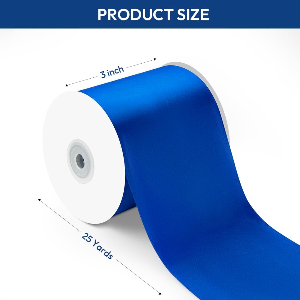 3" Width x 25 Yards Satin Fabric Ribbon, Royal Blue Ribbon Perfect for Wedding Car, Chair Sash, Grand Opening Ceremony, Big Bows, Embroidery, Floral Crafts, Party Decoration