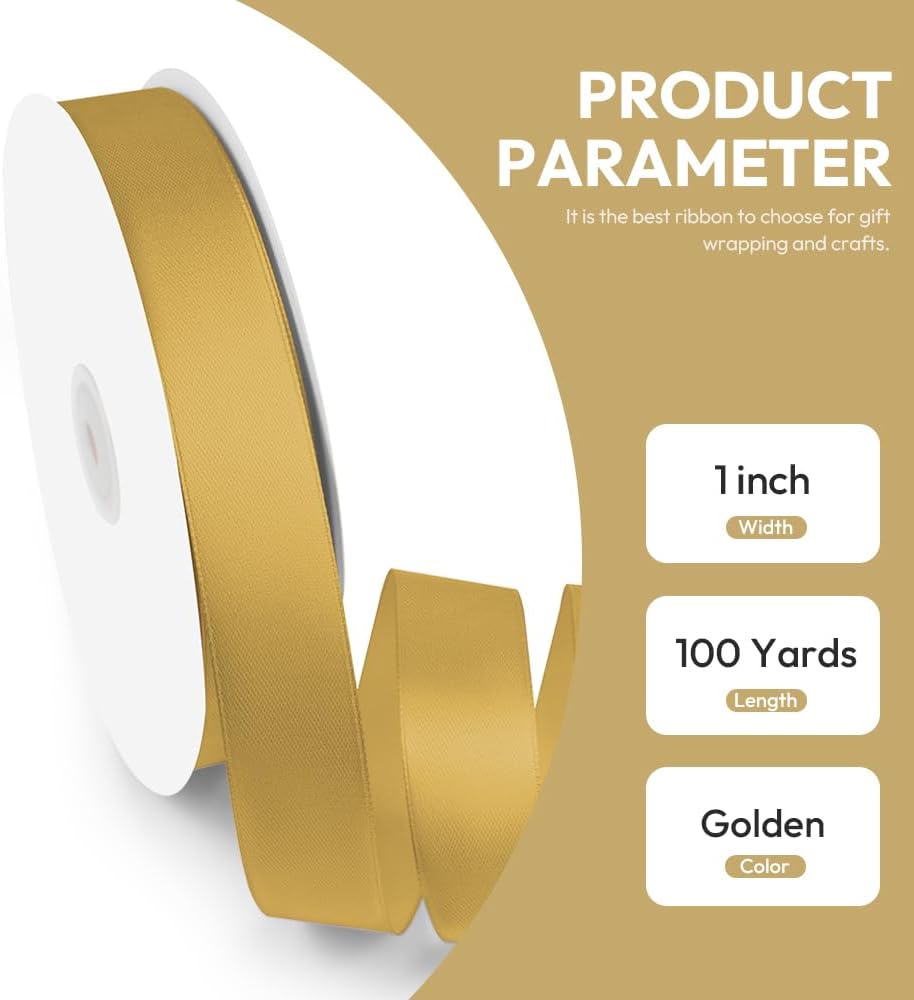 1" x 100 Yards Satin Ribbon - Dark Gold Silk Ribbon with Spool - Ideal for Gift Wrapping, Floral Bouquets, Crafts, Wedding Party Decorations, Christmas and Sewing Projects