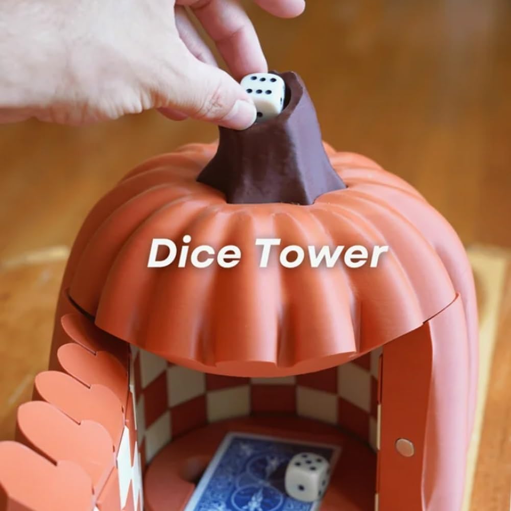 Gourd Games, Pumpkin Board Game Set, 3D Printed Multifunctional Fall Tabletop Activity with Checkers Board, Dice Tower, Card Storage, and Hidden Dice Compartment, Unrolling Pumpkin Design