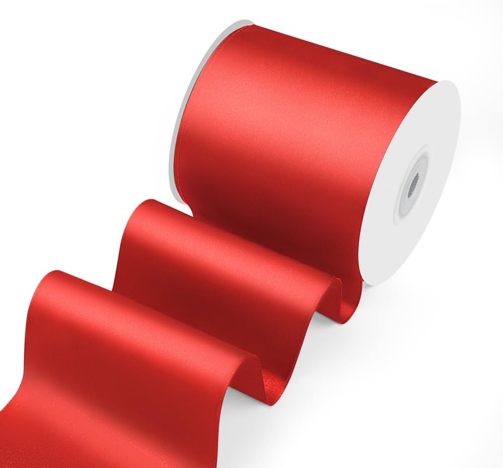 3" Width x 25 Yards Satin Fabric Ribbon, Red Ribbon Perfect for Wedding Car, Chair Sash, Grand Opening Ceremony, Big Bows, Embroidery, Floral Crafts, Party Decoration