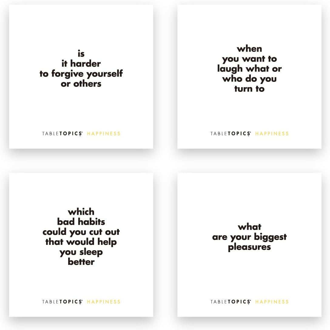 TableTopics Happiness Question Card Game - 135 Conversation Starter Cards with Tips, Ideas, & Quotes to Spark Meaningful Discussions with Adults at Dinner Parties, Girls’ Nights, and More