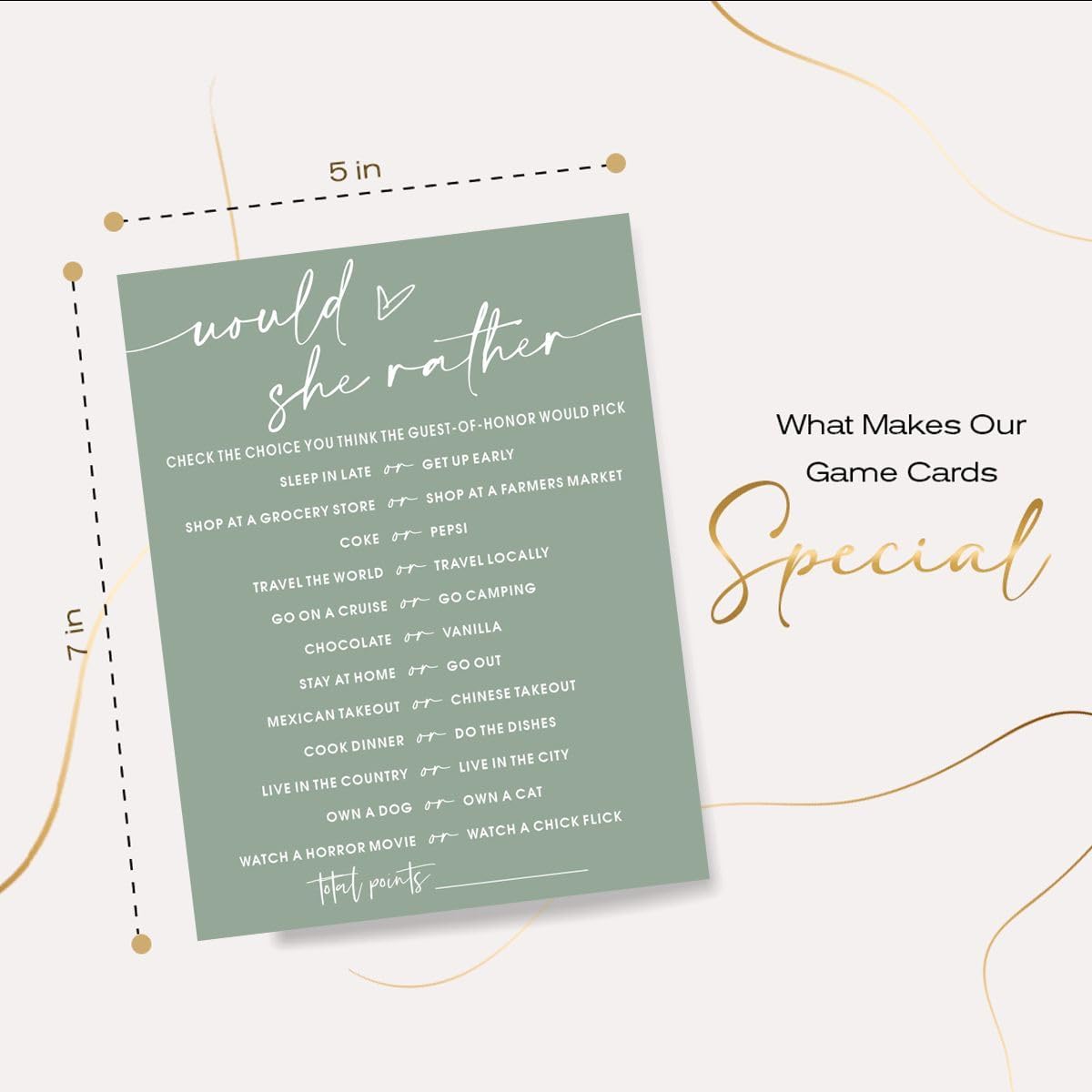 Bridal Shower Games Cards, Would She Rather Bridal Shower Game for 25 Guests, Engagement Party Wedding Games for Guests, Minimalist Green Wedding Party Supplies - C11