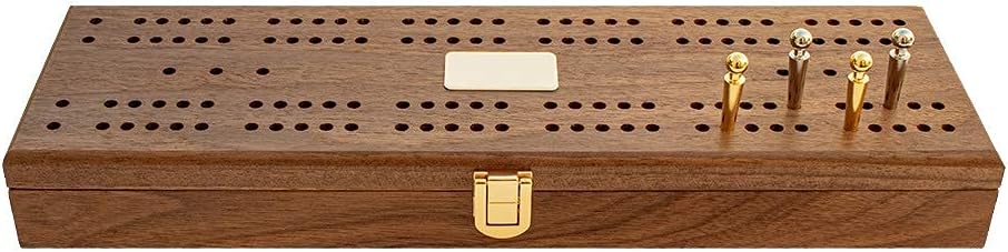 Alex Cramer Le Club' Luxury Domino Set with Handcrafted Walnut Case and Cribbage/Counter Top - Tournament Quality 28 Indestructible (Double 6 Domino Set with Brass Plate)