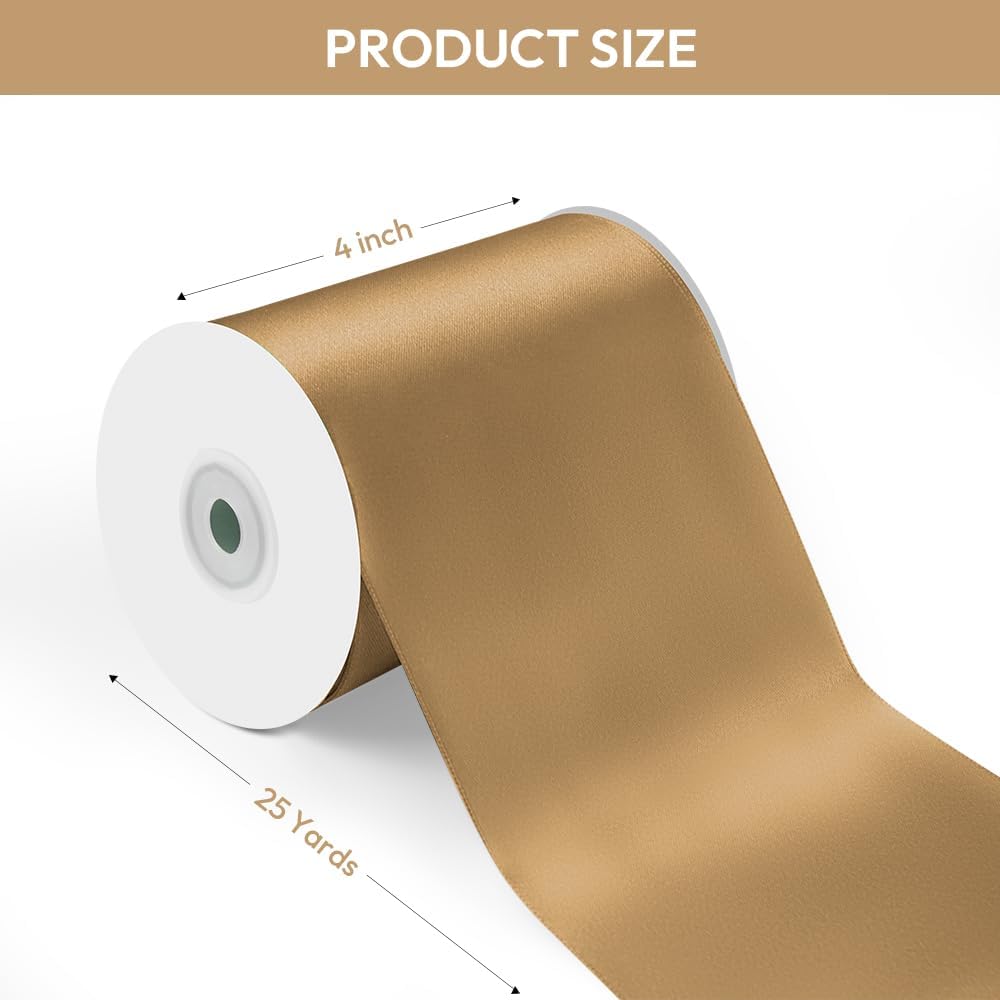 4" Width x 25 Yards Satin Fabric Ribbon, Champagne Gold Ribbon Perfect for Wedding Car, Chair Sash, Grand Opening Ceremony, Big Bows, Embroidery, Floral Crafts, Party Decoration