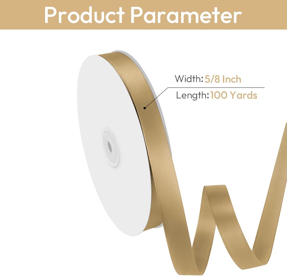 5/8" Width x 100 Yards Satin Ribbon, Champagne Gold Ribbon Perfect for DIY Craft, Bows, Gift Wrapping, Flower Bouquet, Valentine's Day, Christmas and Party Decoration