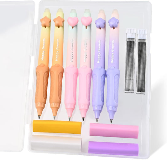 Temiary Cute Mechanical Pencil Set with Case, 6 Pcs Medium Point 0.9 mm Pencils with 2 Tubes HB Lead Refills, 4 Pcs Erasers for School Supplies Student Writing, Drafting Drawing Sketching (Pastel)