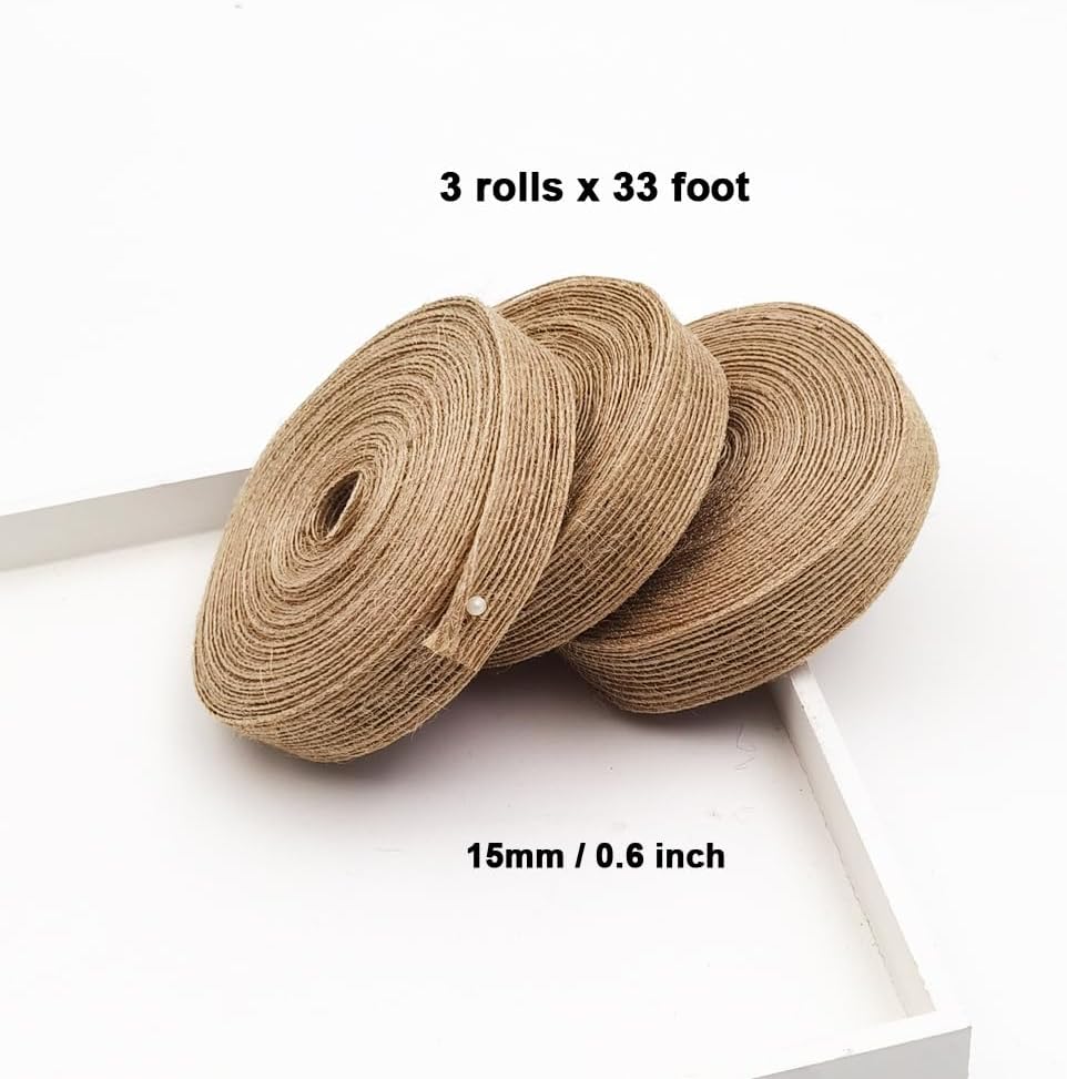 INSPIRELLE 3 Rolls 0.6 Inch Natural Burlap Fabric Roll 99 Feet Jute Lined Ribbon for Gift Wrapping Craft Projects Wedding Decoration Home Decoration 15mm