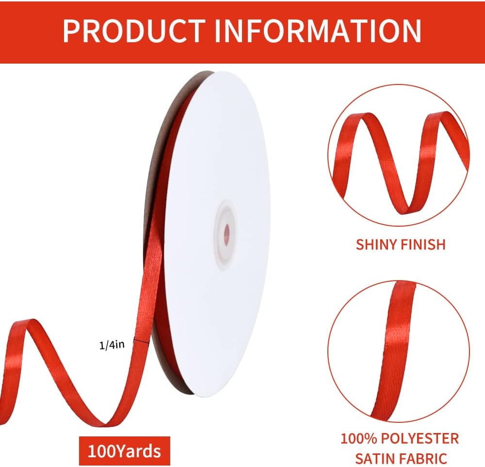 TONIFUL 1/4 Inch x 100yds Red Satin Ribbon, Thin Solid Color Satin Ribbon for Gift Wrapping, Crafts, Hair Bows Making, Wedding Party Decoration, Invitation Cards, Floral Bouquets,Christmas