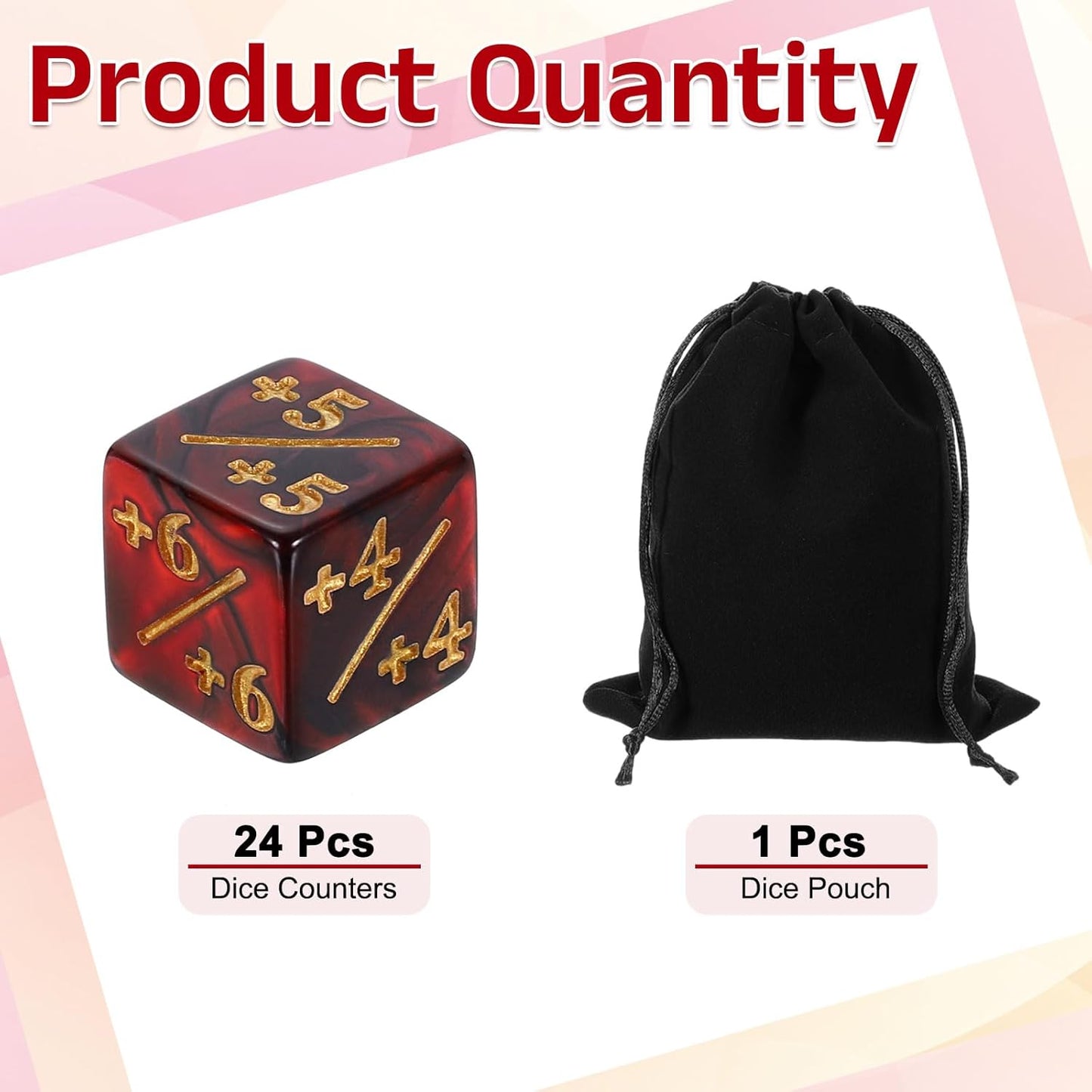 uxcell 24Pcs Magic Dice Counters, Acrylic D6 Life Token Dice Set with Pouch for Standard Cards Gaming Accessories, Red & Black