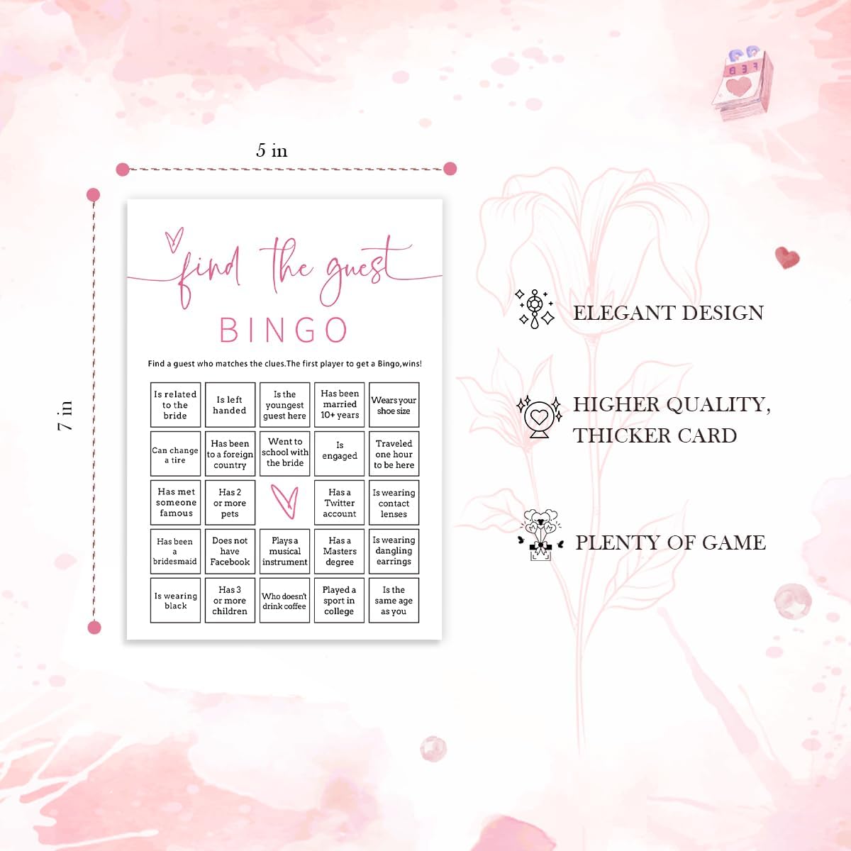 Bridal Shower Bingo, 25Pcs Prefilled Find The Guest Bingo Game Cards, Engagement Party Games for Guests, Pink Wedding Party Supplies - E17