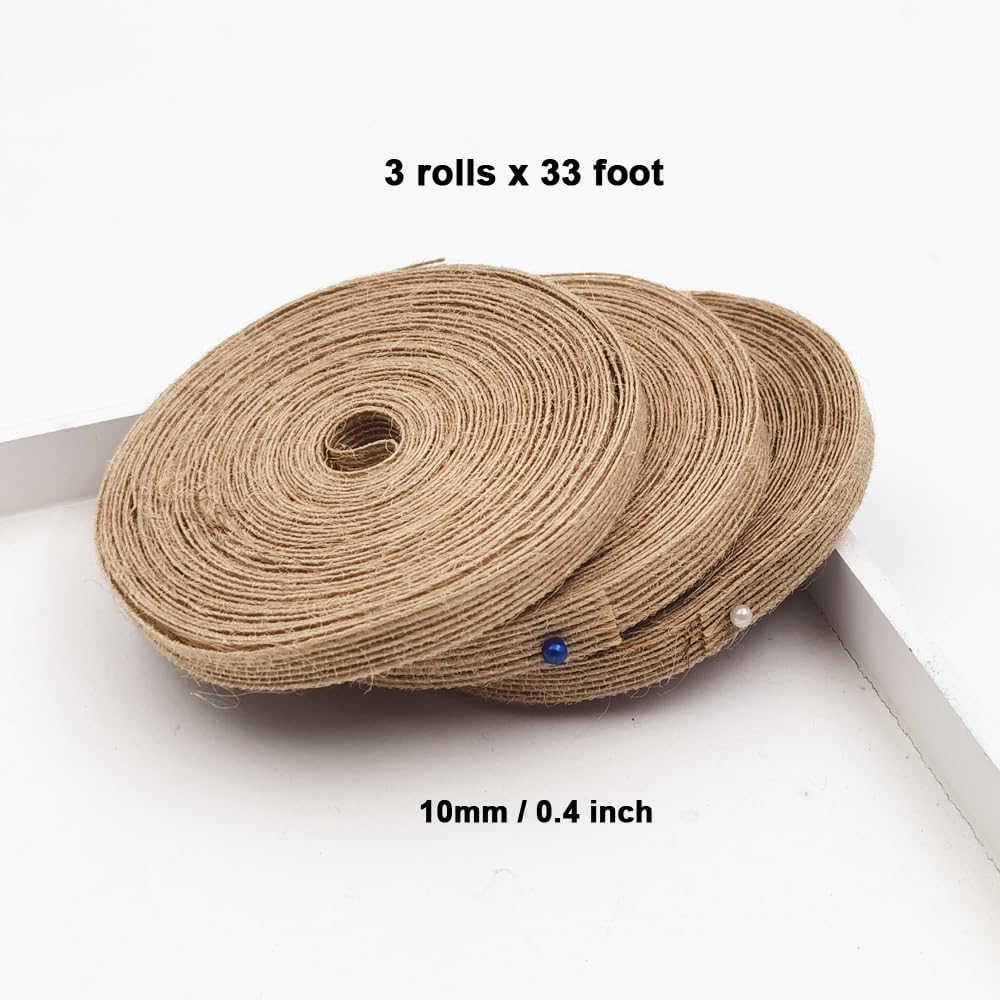 INSPIRELLE 3 Rolls 0.4 Inch Natural Burlap Fabric Roll 99 Feet Jute Lined Ribbon for Gift Wrapping Craft Projects Wedding Decoration Home Decoration 10mm