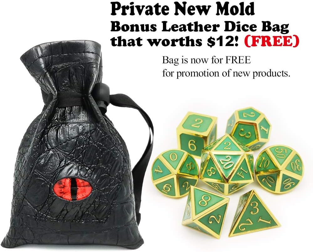 Haxtec Glow in The Dark Glowing Blue Metal Dice Set D&D W/Dragon Dice Bag 7PCS DND Dice Set Compatible with Dungeons and Dragons RPG Games-Gold Glowing Blue-V2