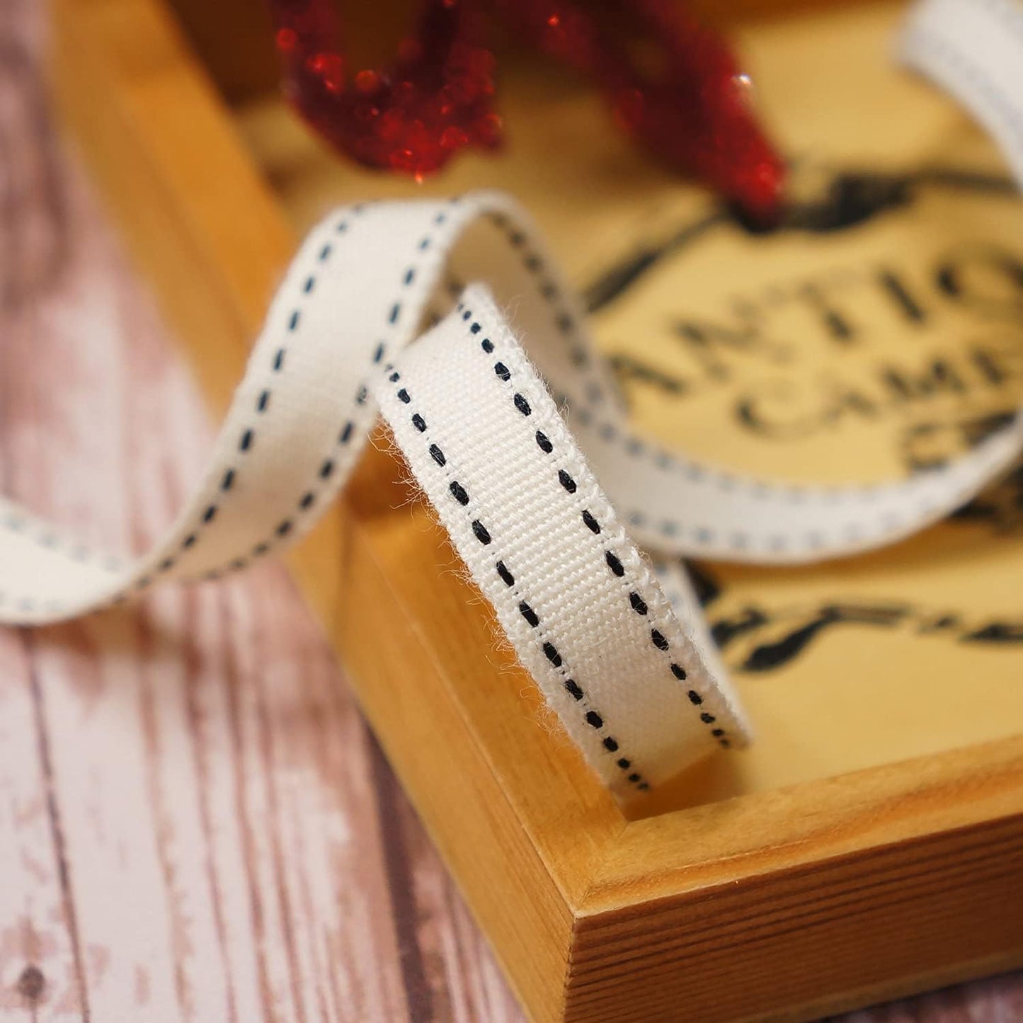 CT CRAFT LLC Ivory Cotton Black Stitched Ribbon 3/8" x 10 Yards for Home Décor Gift Present Wrapping DIY Crafts Birthday Wedding Bouquet Christmas