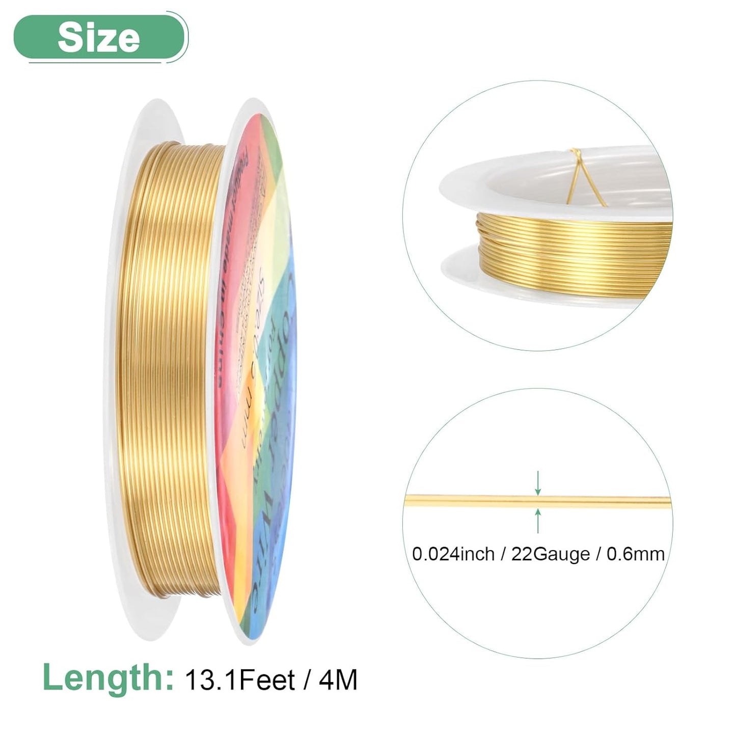 0.6 mm/22 Gauge Copper Wire for Jewelry Making, 13.1FT Copper Beading Craft Wire for Jewelry/Weaving/DIY Crafting/Planting, Color-Retaining [4M, KC-Gold]