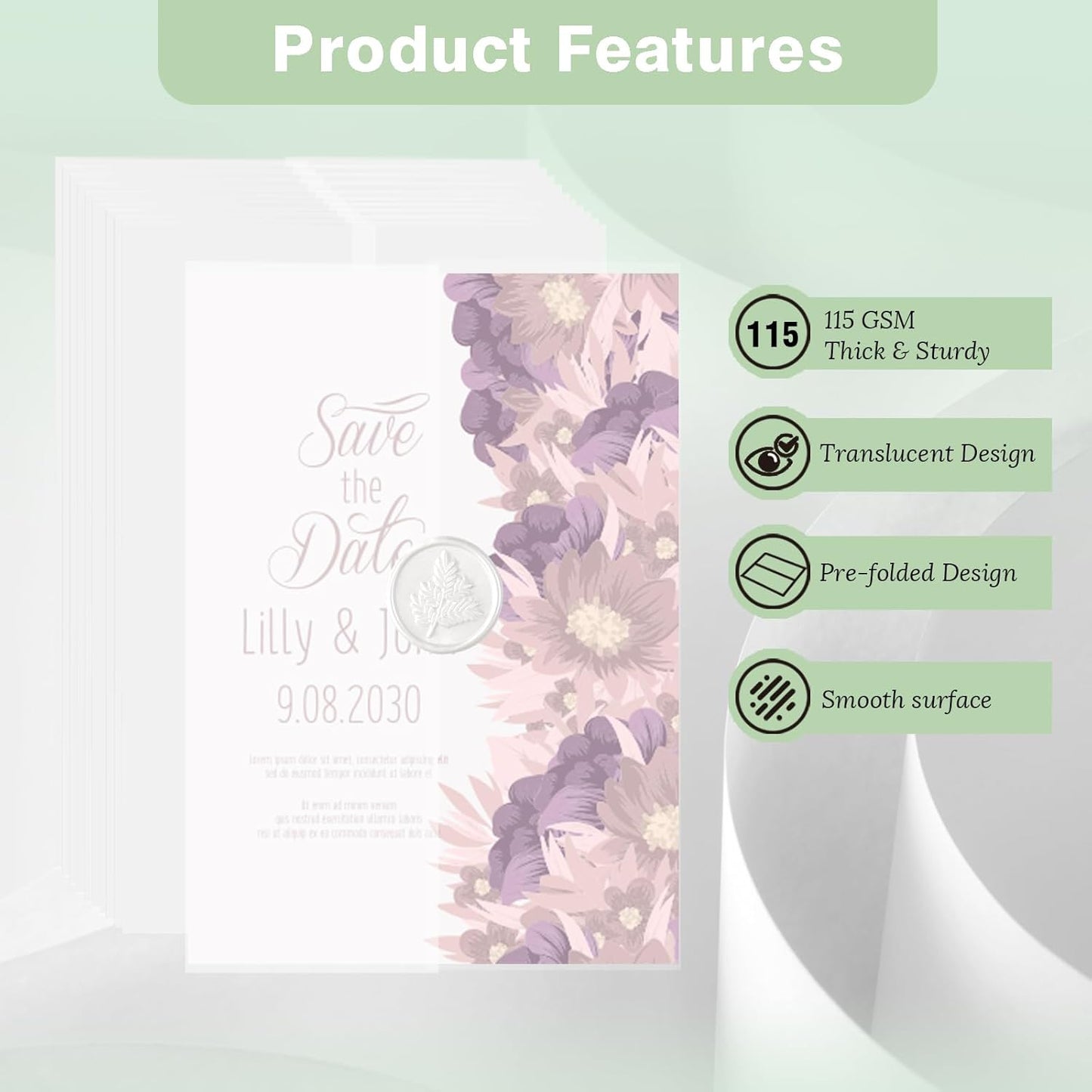 JAGERGREEN 50 Pack Vellum Jackets for 5x7 Invitations Pre-Folded, 115 GSM Translucent Printable Vellum Paper 5x7, Vellum Wraps for Wedding Invitations Sleeves, Birthday Greeting Cards, DIY Crafts