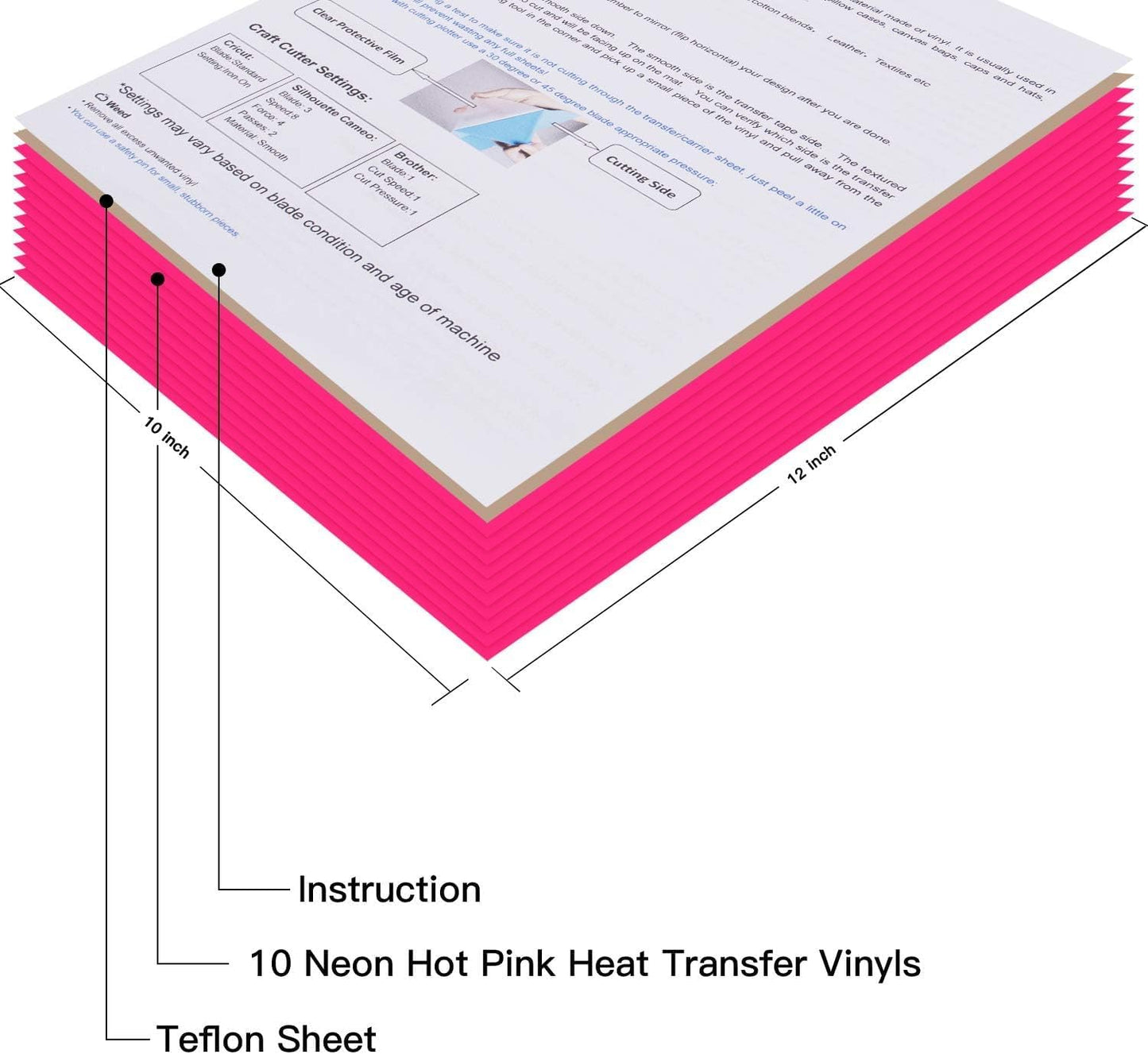 JANDJPACKAGING Neon Pink HTV Heat Transfer Vinyl - 10 Pack HTV Vinyl Compatible with Cricut Cutting Machine, Silhouette Cameo, Bonus PTFE for Heat Press Machine