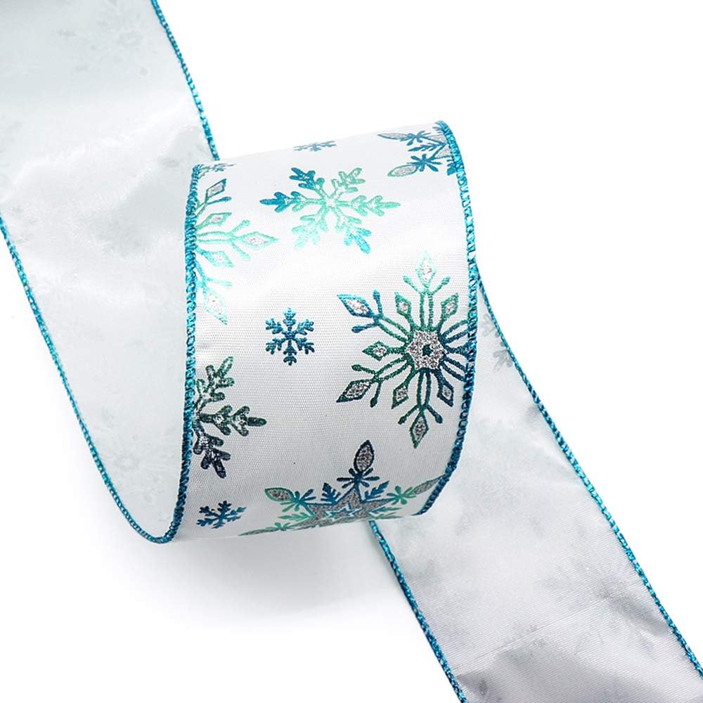 CT CRAFT LLC Satin with Blue Snowflake Wired Ribbon 2.5 Inch x 10 Yards for Christmas Home Decor Tree Topper Bow Gift Wrapping DIY Crafts Wreath Garland