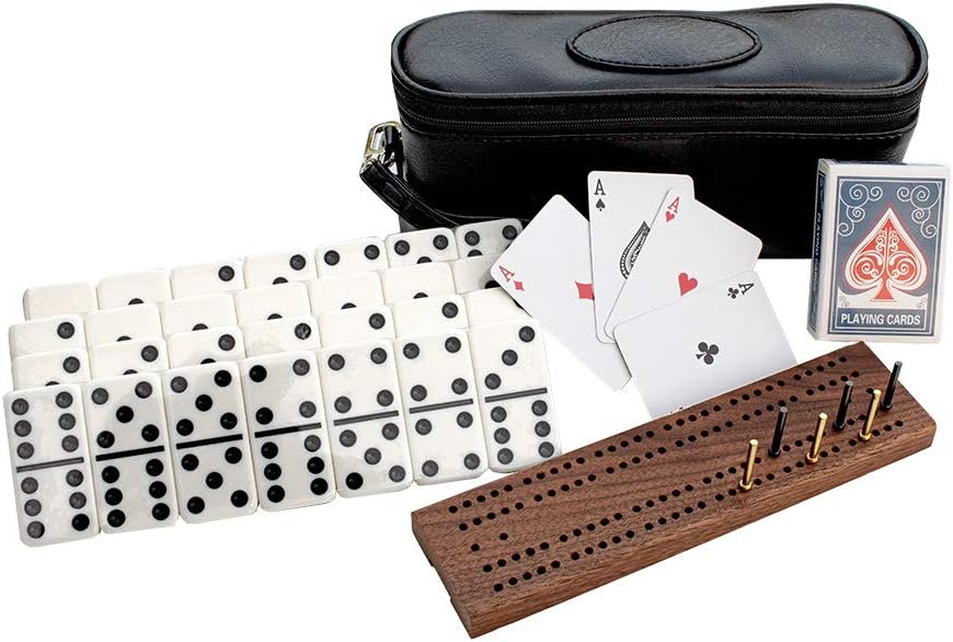 Alex Cramer The Perfect Traveler Classic Domino Set with Leather-Look Travel Case and a Deck of Miniature Playing Cards (Dominoes Set)