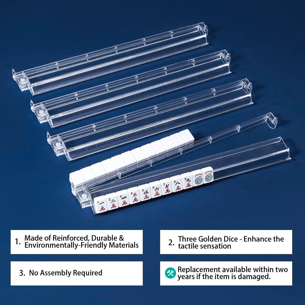 Mahjong Racks with Pushers, Clear Acrylic American Majiang Tile Racks, Enhanced Mah Jongg Tile Holders Set of 4 with 3 Goldern Dics (Transparency