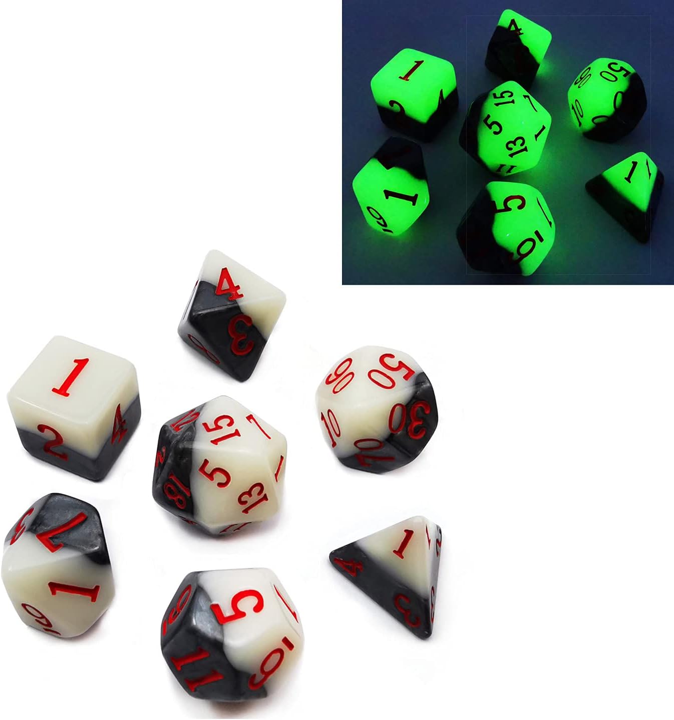Bescon Two-Tone Glowing Polyhedral Dice 7pcs Set Green Dawn, Luminous RPG Dice Set d4 d6 d8 d10 d12 d20 d%, Brick Box Packaging