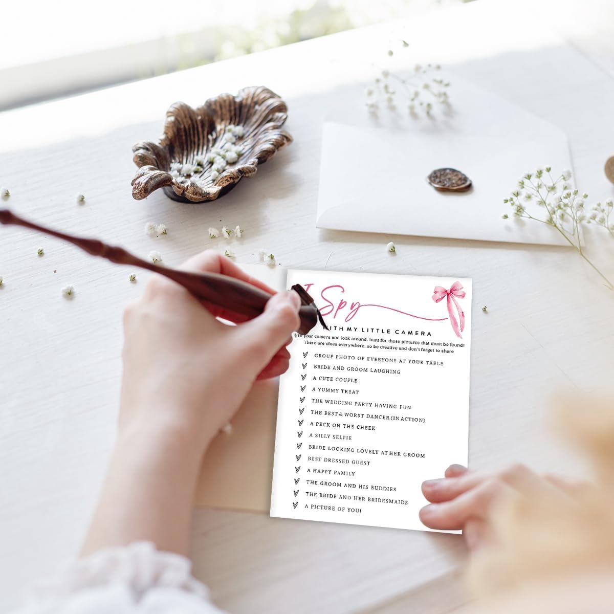 Wedding Shower Games Cards, I Spy with My Little Camera, Bridal Shower Games 25 Guests, Engagement Party Wedding Games for Guests, Pink Ribbon Bow Wedding Party Supplies - E02