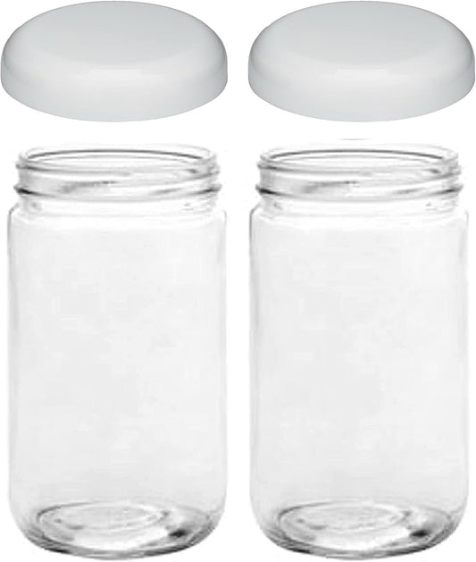 Jarming Collections Mason Jars - 32 Oz Extra Wide Mouth Glass Jars with Lids - Quart Containers - Made in USA (2 White Dome Plastic Lids)