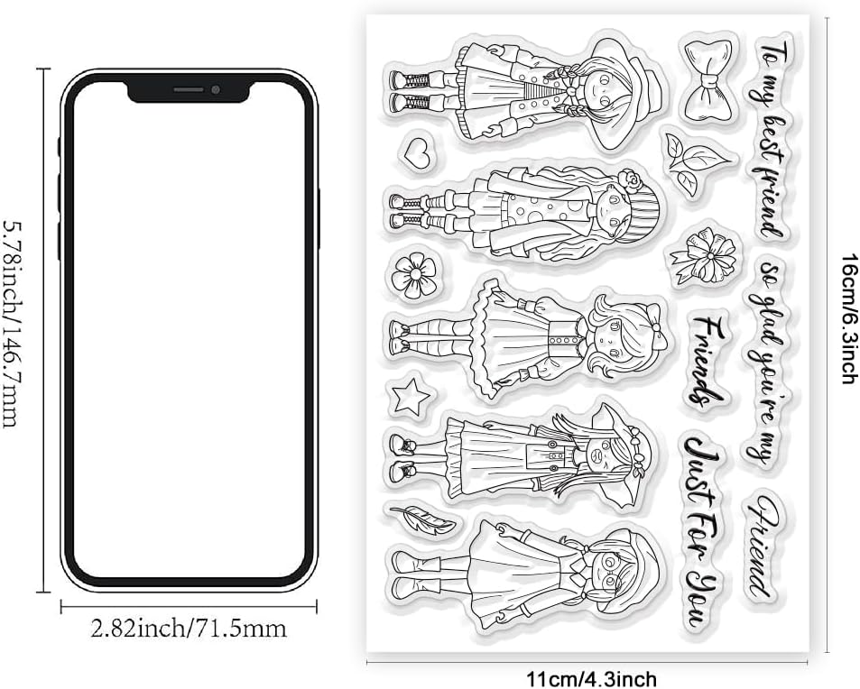 Fashion Girls Clear Stamps 6.3x4.3 Friendship Word Rubber Stamp Flower Silicone Stamps Star Heart Transparent Stamps for DIY Scrapbooking Card Making Photo Album Decor