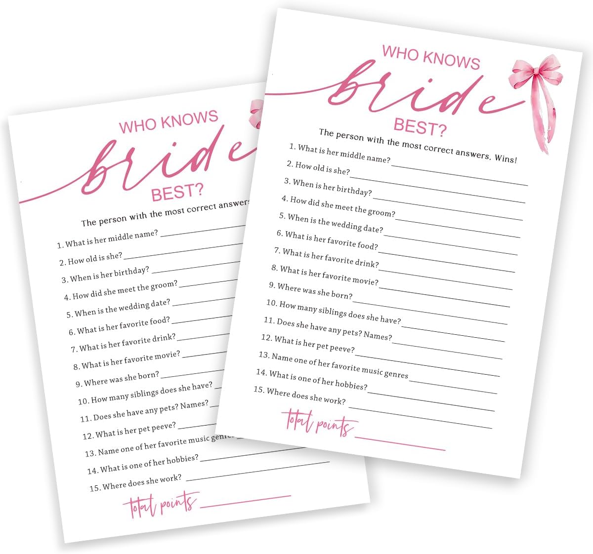 Wedding Shower Games Cards, Who Knows The Bride Best, Bridal Shower Games 25 Guests, Engagement Party Wedding Games for Guests, Pink Ribbon Bow Wedding Party Supplies - E03