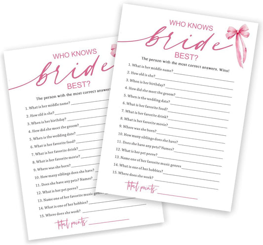 Wedding Shower Games Cards, Who Knows The Bride Best, Bridal Shower Games 25 Guests, Engagement Party Wedding Games for Guests, Pink Ribbon Bow Wedding Party Supplies - E03