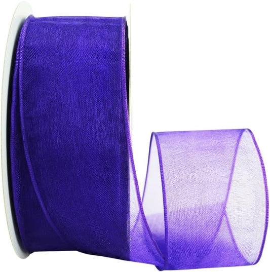 Ribbon Bazaar Sheer Organza Wired Ribbon - 100% Polyester Wire Edged Ribbon for Floral Decor, Table Arrangements, Apparel Embellishment & More - 1-1/2" Plum 25yd