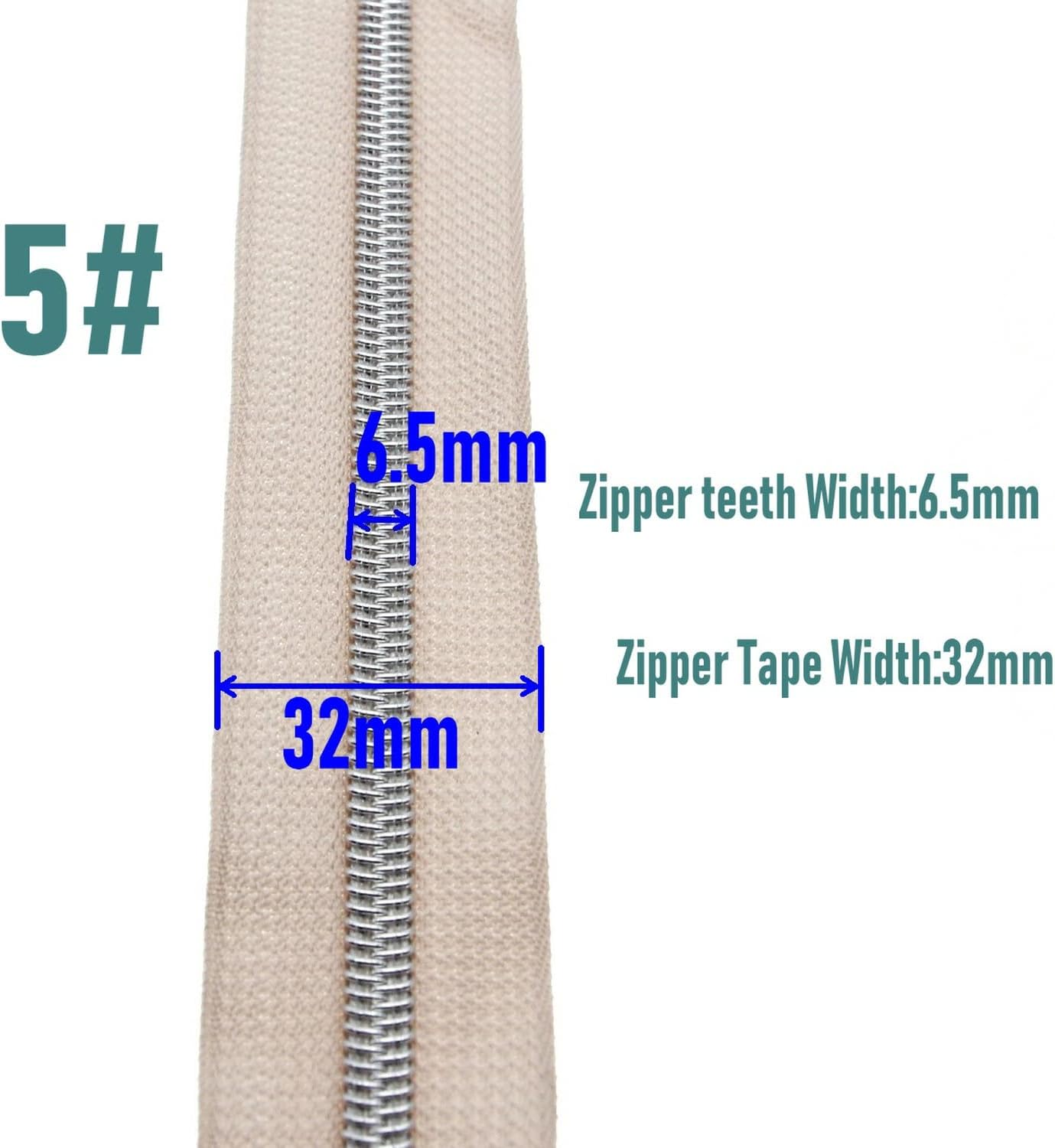 #5 Silver Teeth Metallic Nylon Coil Zippers by The Yard Bulk 10 Yards Beige Zipper Tape with 25pcs Silver Sliders for DIY Sewing Tailor Craft Bag Luggage Sofa Zipper Leekayer (Beige)