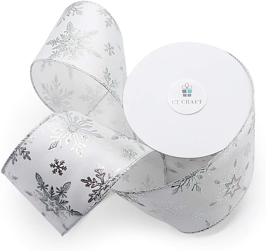 CT CRAFT LLC Satin with Silver Snowflake Wired Ribbon 2.5 Inch x 10 Yards for Christmas Home Decor Tree Topper Bow Gift Wrapping DIY Crafts Wreath Garland