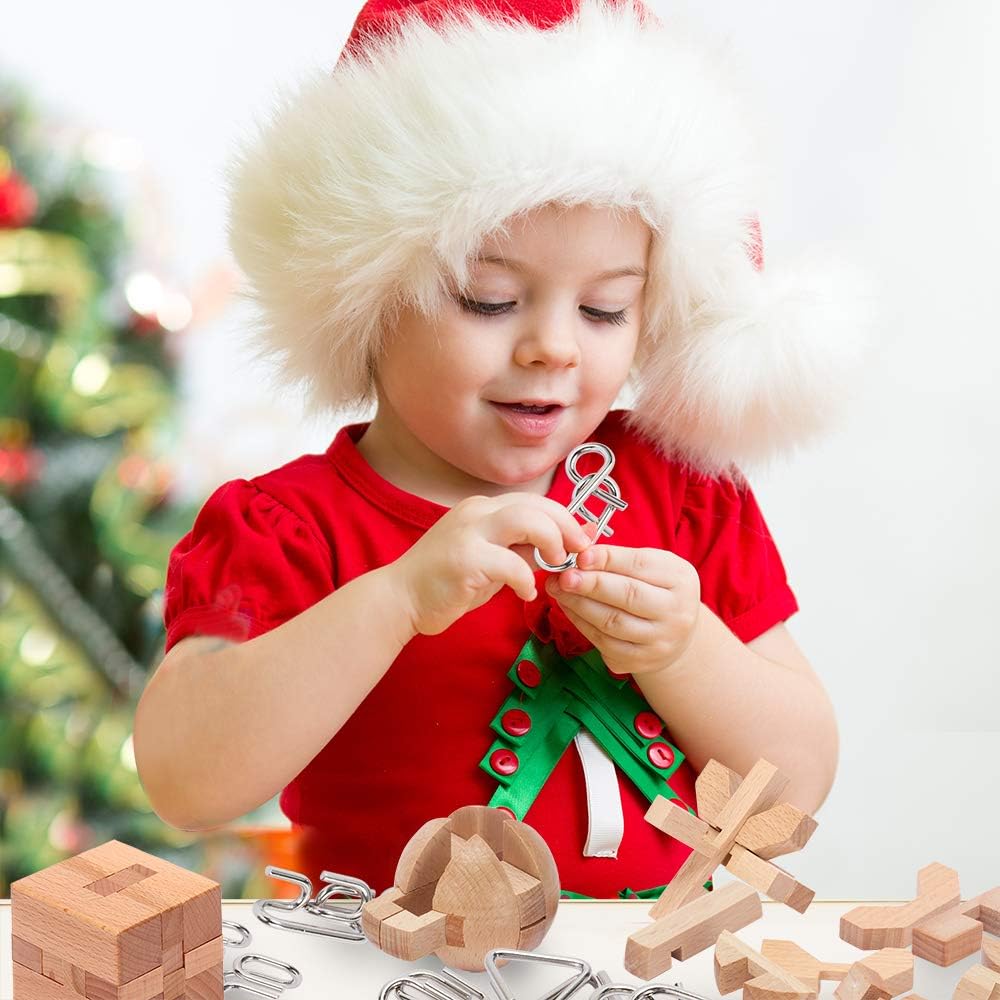 LESONG Brain Teasers Metal and Wooden Puzzles for Kids and Adults 9 Pack, Mind, IQ, and Logic Test and Handheld Disentanglement Games, 3D Coil Cast Wire Chain and Durable Wood Educational Toys