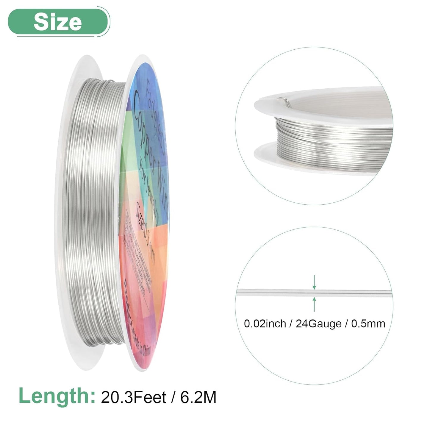 0.5 mm/24 Gauge Copper Wire for Jewelry Making, 20.3FT Copper Beading Craft Wire for Jewelry/Weaving/DIY Crafting/Planting, Color-Retaining [6.2M, Bright Silver]