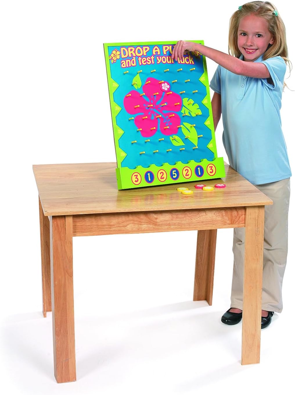 Fun Express 16" x 20" Tropical Luau Multicolor Wood Tabletop Disc Drop Game - 8 Pieces in Set - Great for Vacation Bible School, Birthday Parties and Luaus