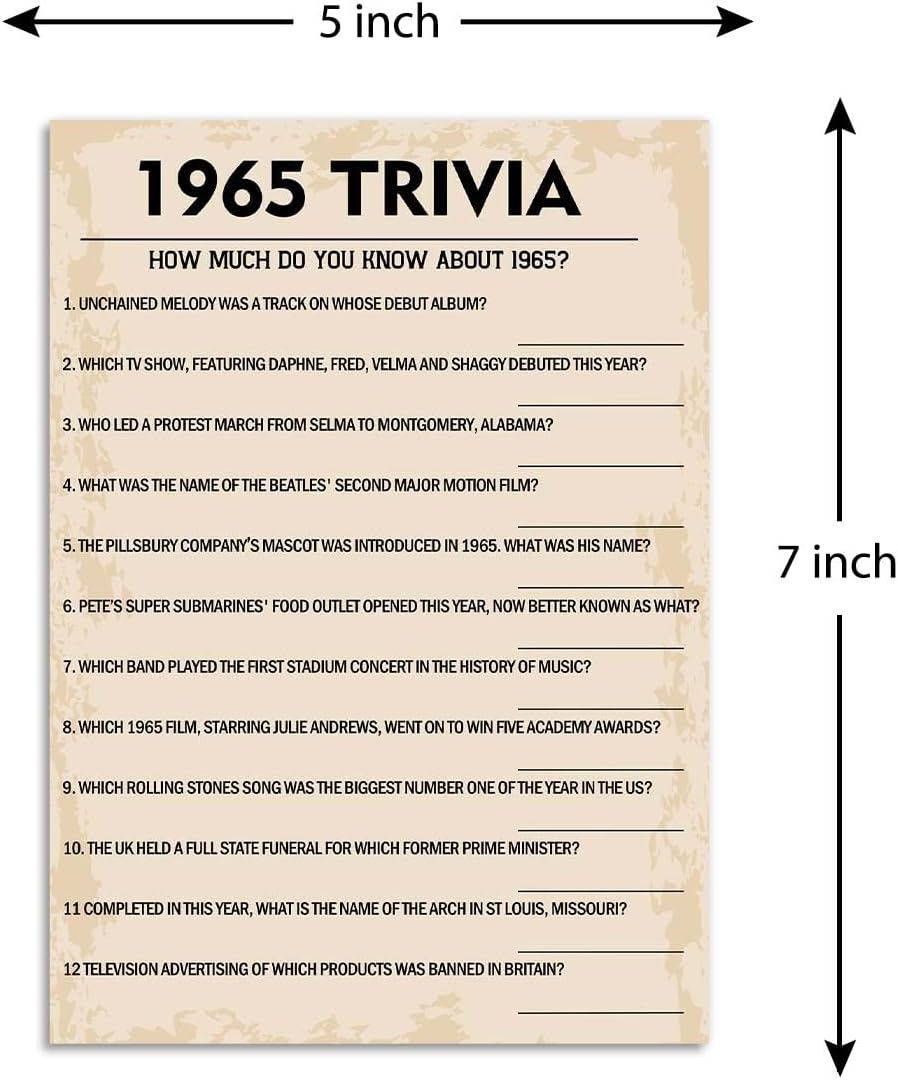 QUPT 60th Birthday Party Games, 1965 Trivia Games, Birthday Party Supplies for Adults, Fun 1965s Party Game，Pack of 30 Cards