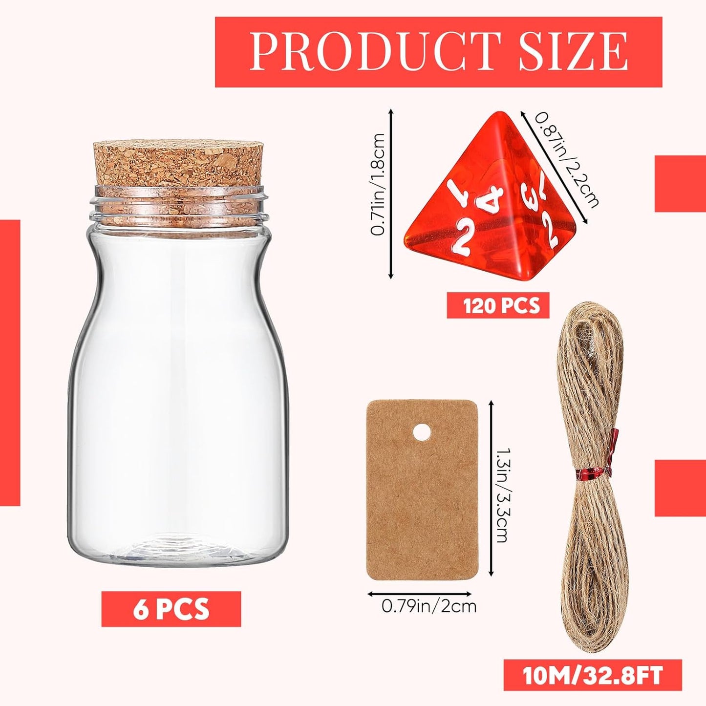 Wettarn 120 Pcs Transparent Red D4 Dice6 Pcs Pot Bottles Plastic Favor Jars with Cork Lids Healing Potion Bottles Polyhedral Dice Set for Party Favors Table Games(Novel Style)