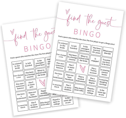 Bridal Shower Bingo, 25Pcs Prefilled Find The Guest Bingo Game Cards, Engagement Party Games for Guests, Pink Wedding Party Supplies - E17