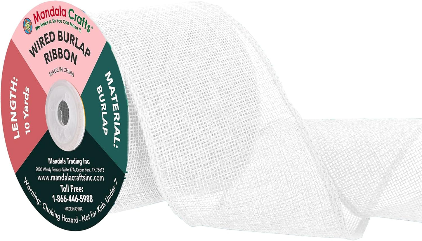 Mandala Crafts White Burlap Wired Ribbon 3 Inches Wide Jute Ribbons for Crafts - 10 Yds Roll Rustic Burlap Wrap Trim Ribbons for Wreaths Bows Party Decoration