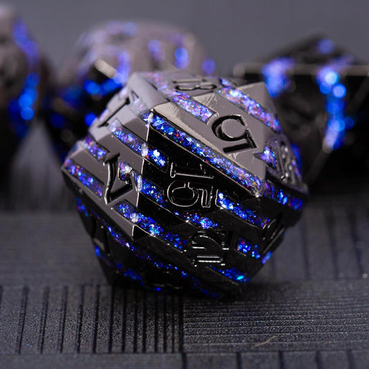 Metallic Glitter Stripes D&D Dice Set,7 PCS Polyhedral Dice with Gift,RPG Metal Dice Set Dungeons and Dragons Tabletop Game (Black Nickel Sapphire Blue)