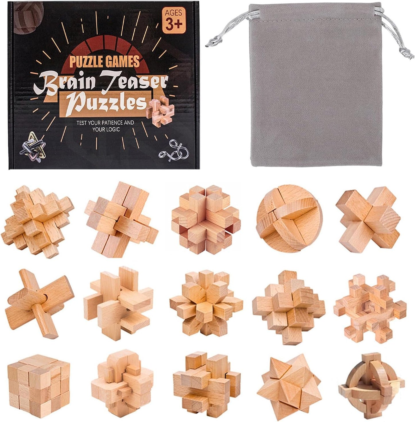 VolksRose 15pcs Wooden Brain Teaser Puzzles, IQ Challenge Puzzle Games, Logic Mind Puzzle Box Lock Toy Disentanglement 3D Small Brain Puzzle Gift Set for Adults Teenagers Kids, 1.8inch 4.5cm