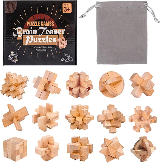 VolksRose 15pcs Wooden Brain Teaser Puzzles, IQ Challenge Puzzle Games, Logic Mind Puzzle Box Lock Toy Disentanglement 3D Small Brain Puzzle Gift Set for Adults Teenagers Kids, 1.8inch 4.5cm