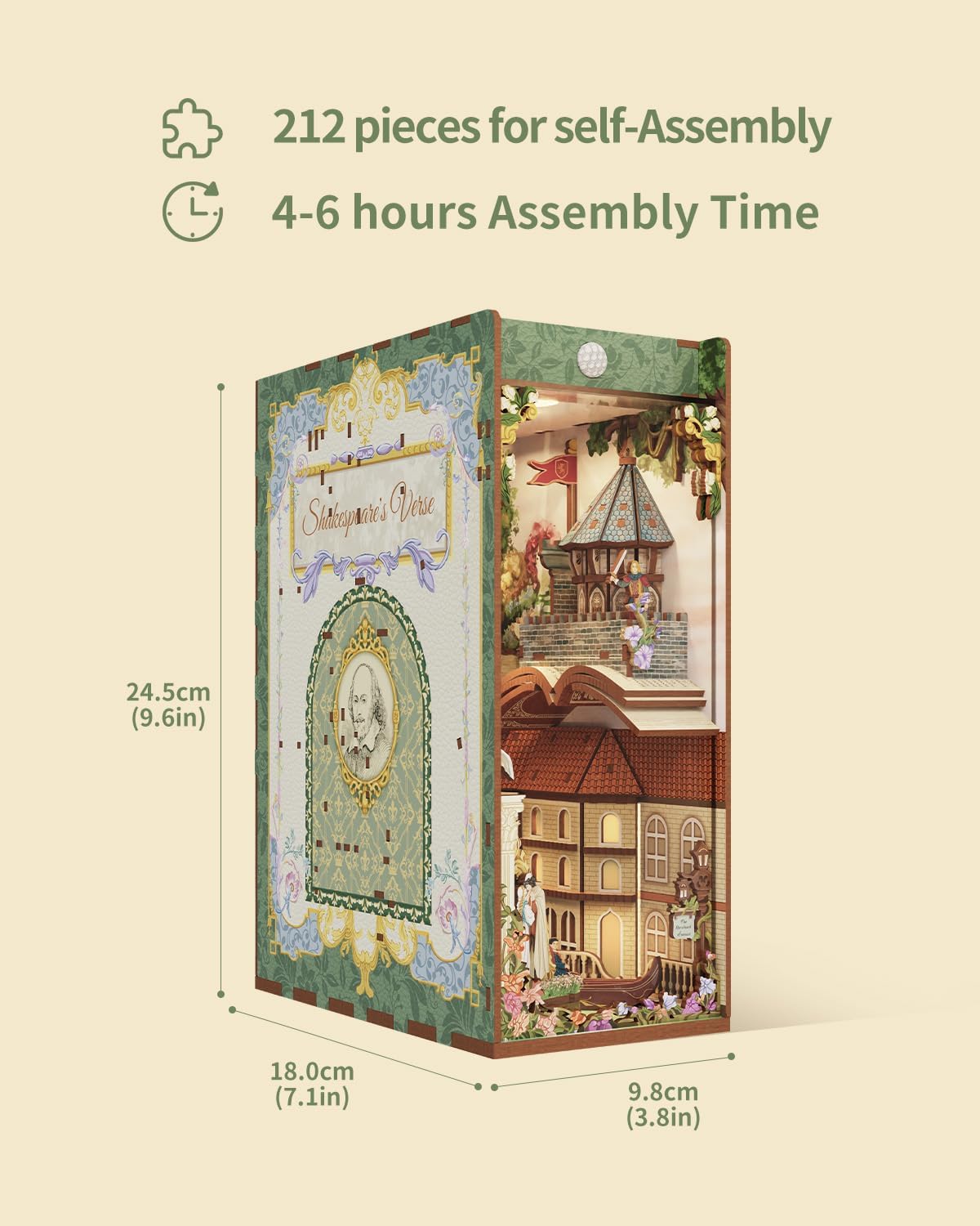 Tonecheer x British Library DIY Book Nook Kit, Shakespeare 3D Wooden Puzzle for Adults, Miniature House Kit Booknook Bookshelf Insert Decor with LED Lights Craft Gifts (Shakespeare's Verse)