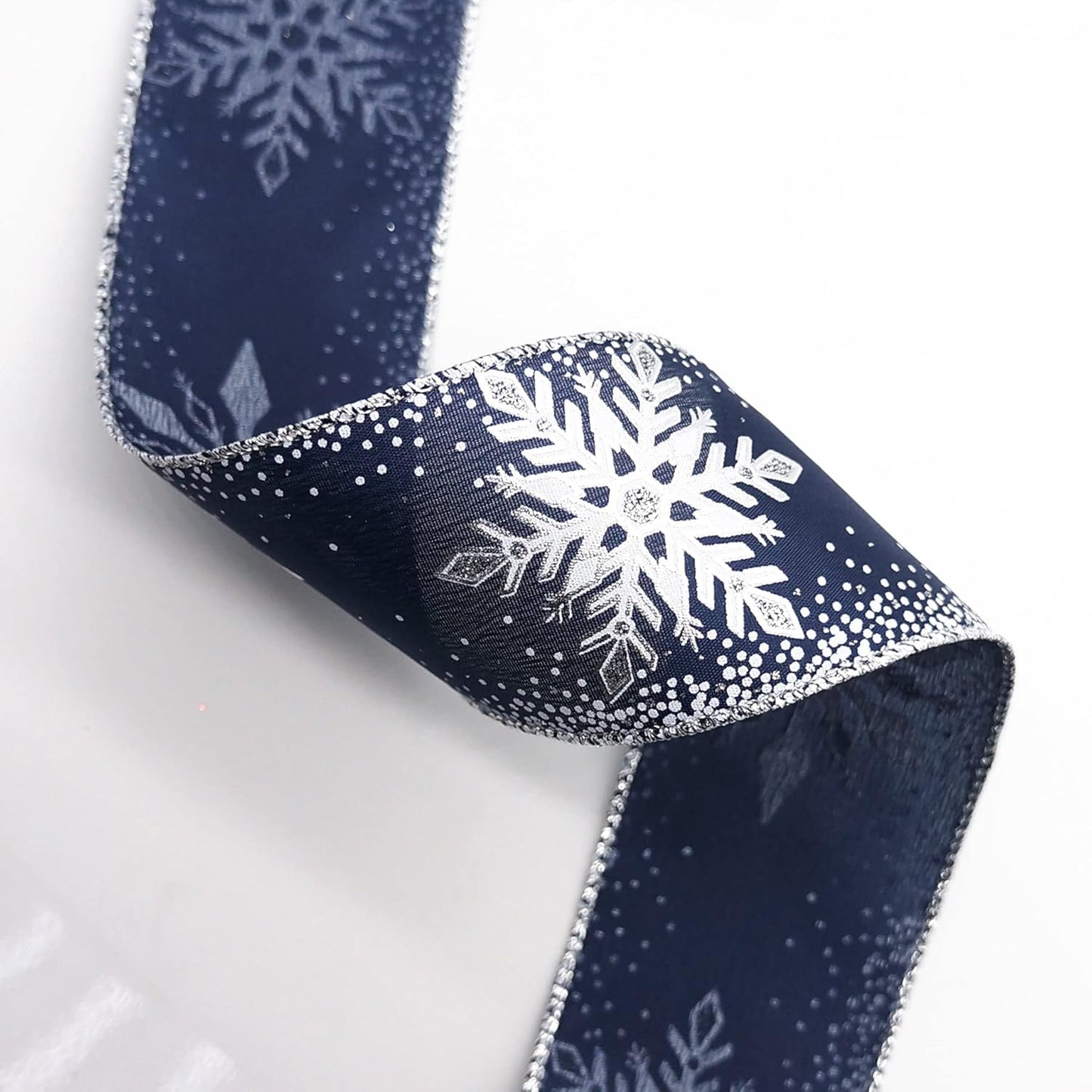 CT CRAFT LLC Navy Satin with Silver Snowflake Wired Ribbon 2.5 Inch x 10 Yards for Christmas Home Decor Tree Topper Bow Gift Wrapping DIY Crafts Wreath Garland