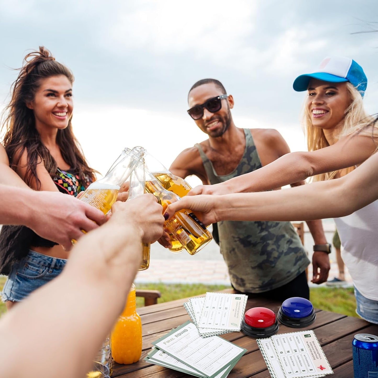 30 Pcs Camping Friendly Feud Game Set Camping Party Game Trivia Quiz with 18 Card 2 Buzzer for Adults Family Games Activities Party Supplies, Battery Not Included