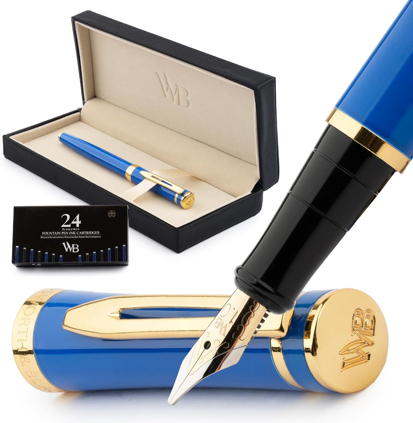 Wordsworth & Black Fountain Pen Set, 18K Gilded Broad Nib, Includes 24 Pack Ink Cartridges, Ink Refill Converter & Gift Box, Gold Finish, Calligraphy, [Imperial Blue], Perfect for Men & Women